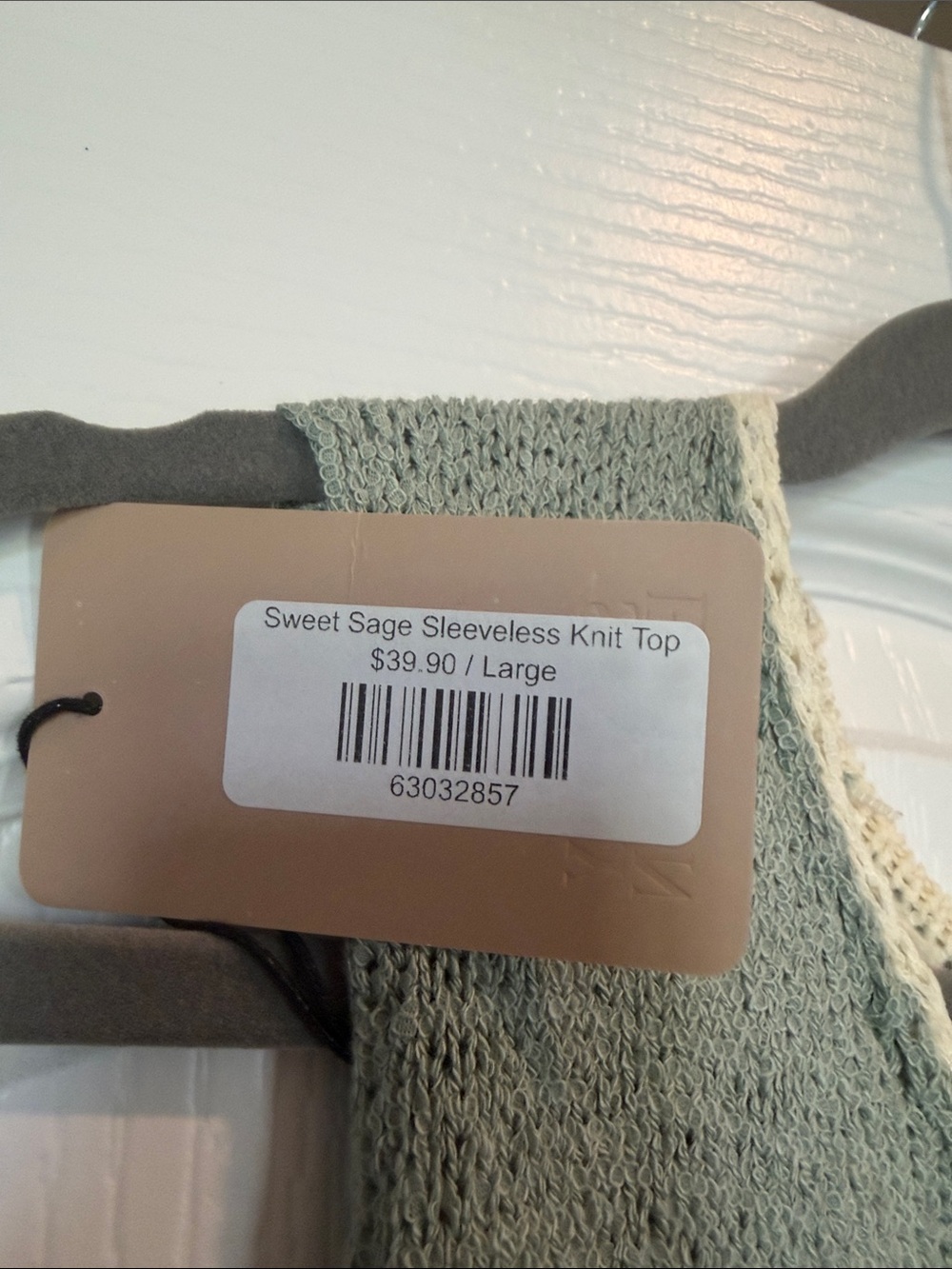Knit Sleeveless Tank with Ivory Chain Detail - Sage Green - Picture 3 of 4
